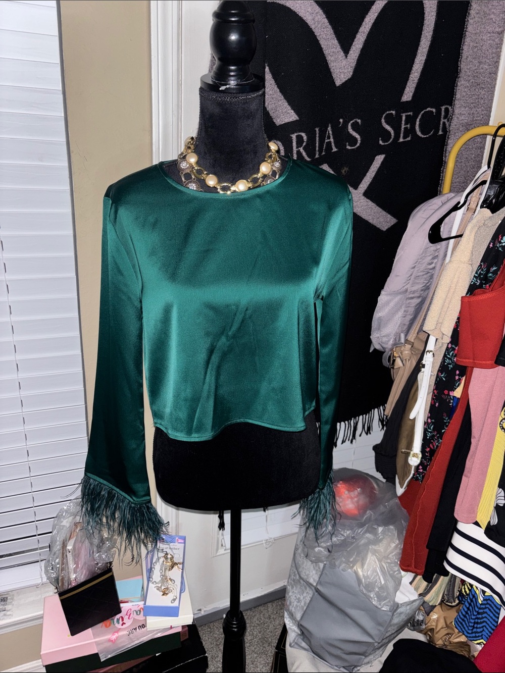 NWOT WAYT Emerald Green Satin Feather-Cuff Women's Top SIZE xs